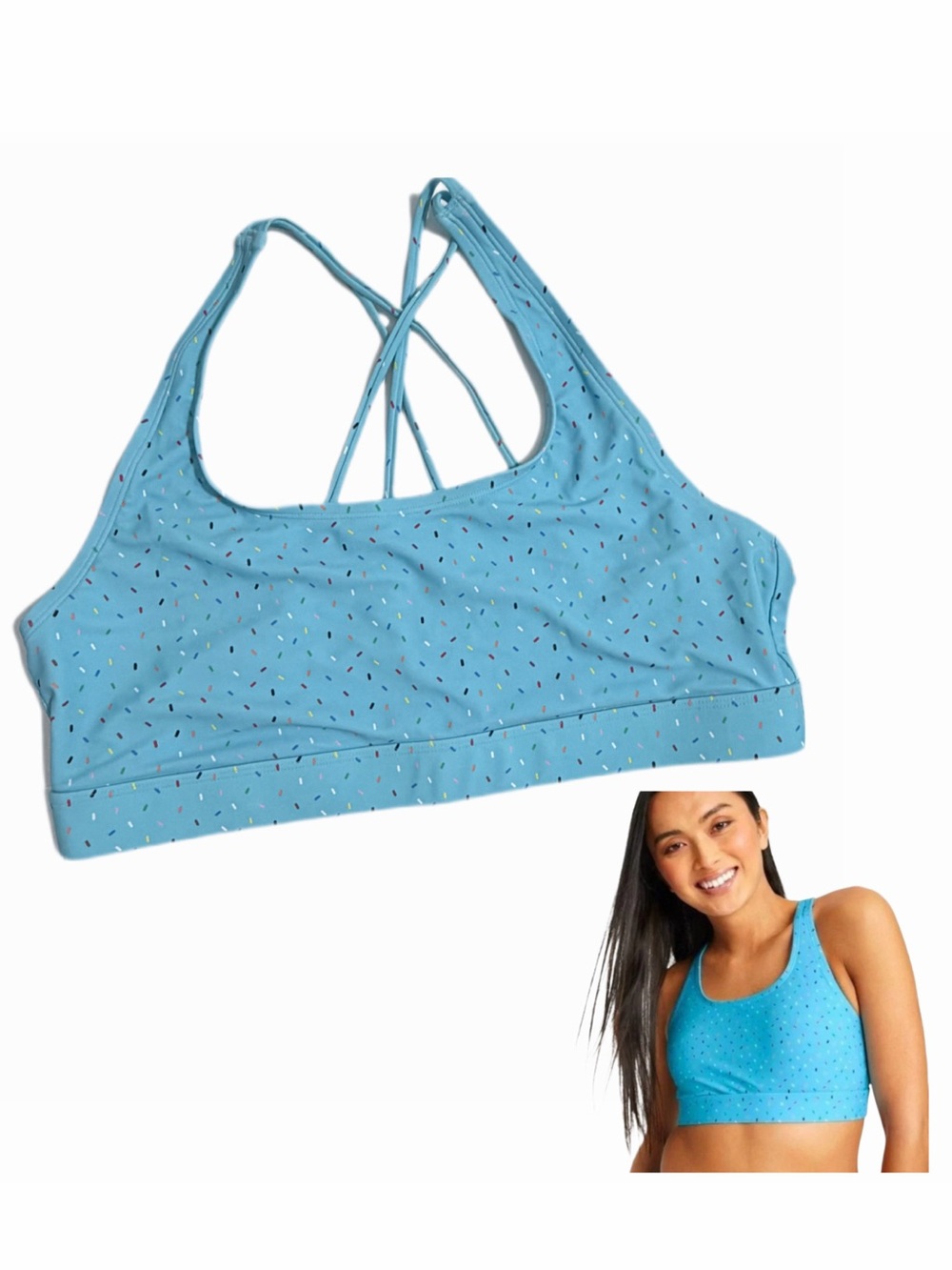 Humankind Swim Sports Bra Style Bikini Top Light Blue Confetti Sprinkles XL NWT